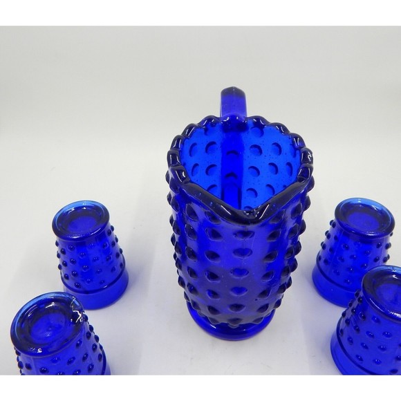 Child's Cobalt Blue Hobnail Mini Water Pitcher With 4 Tumblers Glasses - Picture 7 of 9